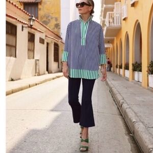 TUCKERNUCK x ATLANTIC-PACIFIC Willow Blouse Navy Blue Kelly Green Stripe Tunic